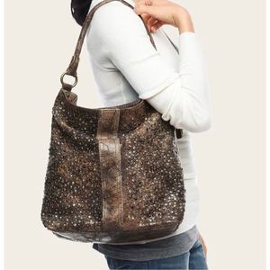FRYE Deborah Studded Brown Leather Hobo Bag Distressed Slouch Shoulder Medium